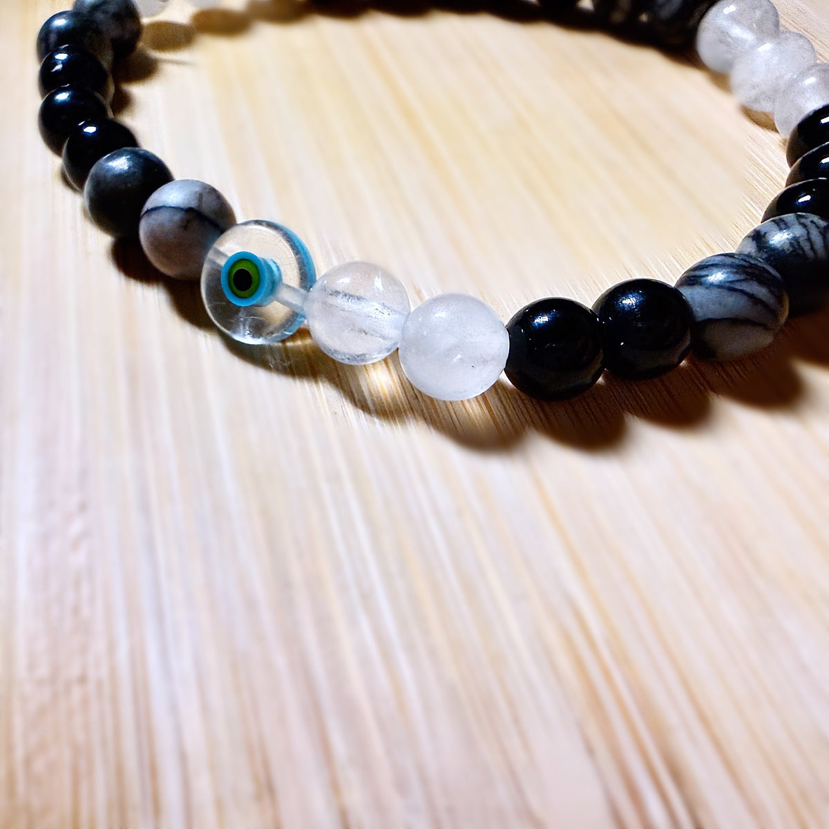 Stone Evil Eye Bracelet — Picasso Marble, Hematite & Milk Quartz