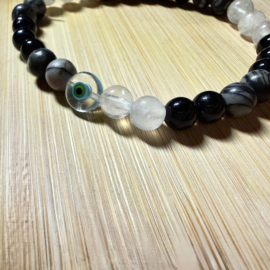 Stone Evil Eye Bracelet — Picasso Marble, Hematite & Milk Quartz