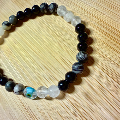 Stone Evil Eye Bracelet — Picasso Marble, Hematite & Milk Quartz